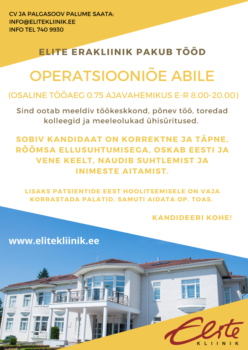 Elite kliiniku töökuulutus operatsiooniõe-abi kohta 01.06.2022